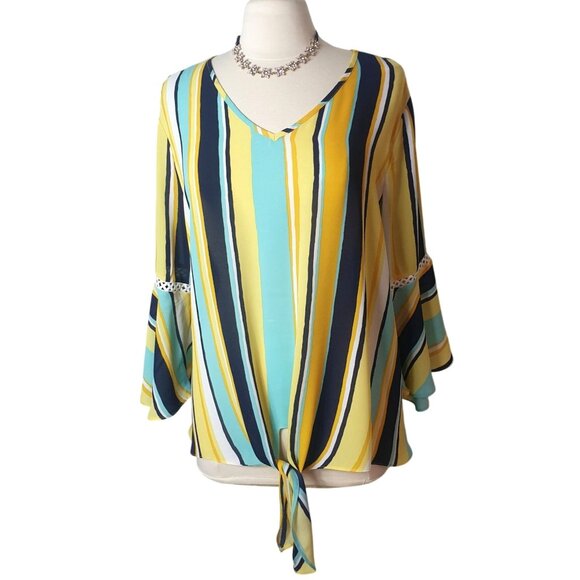 C est Womens Blouse XL V-Neck Yellow Striped Hippi Bell Sleeves Tie Front Boho - Picture 1 of 6